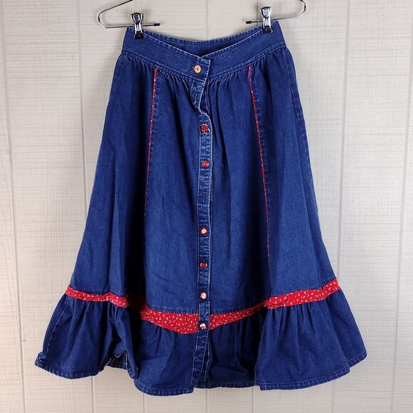 Vintage Stage West Chambray Denim Skirt Calico Ruffle Button Western Prairie - Picture 1 of 6